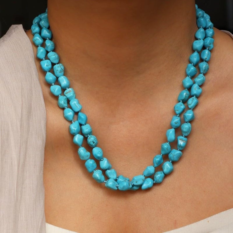 QS Long Turquoise Necklace Round Stone Beads Chunky Fashion Jewelry for Women cross Necklace Multi Meditation necklace 47.5inch - Image 3